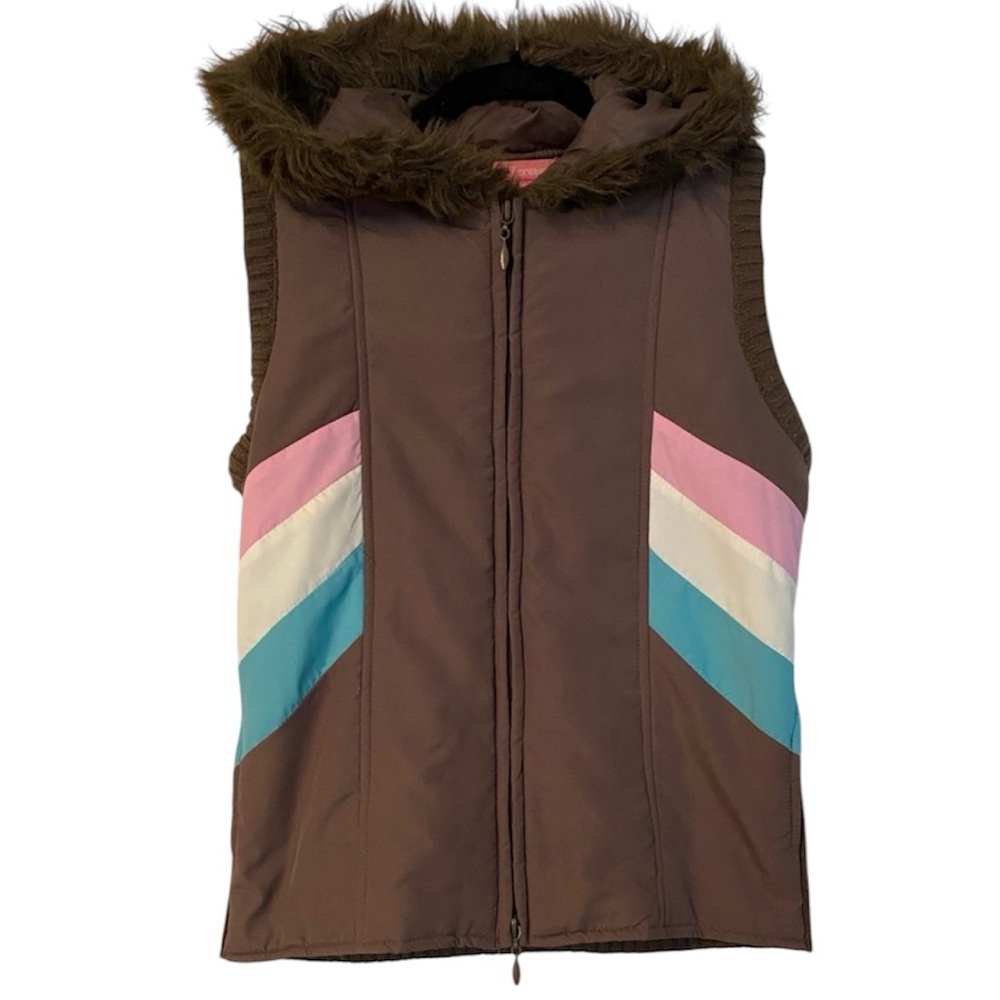 Vest with faux fur collar - brown, pink, blue, & white